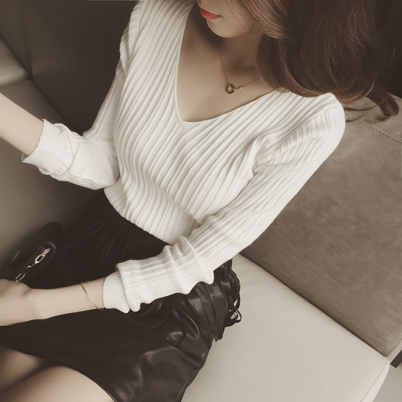 2016韩国时尚V领竖条纹理长袖修身针织毛衣打底衫上衣女T恤秋大码