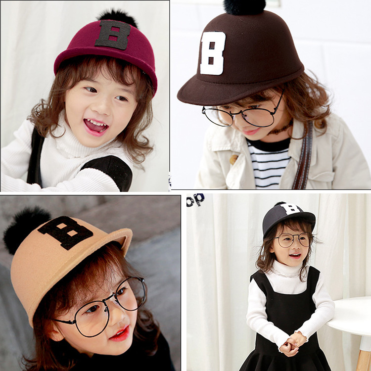 韩版棒球帽儿童秋冬男女宝宝毛呢马术帽字母带球鸭舌帽1-2-3-4岁