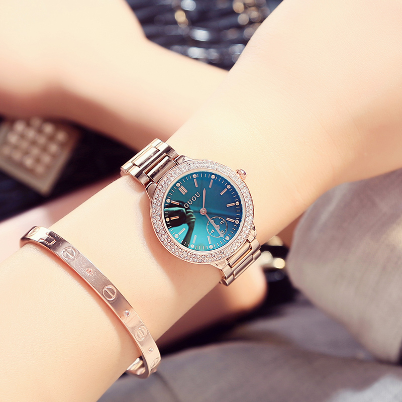GUOU韩国手表女时尚潮流防水钢带玫瑰金时装石英表水钻女士手表