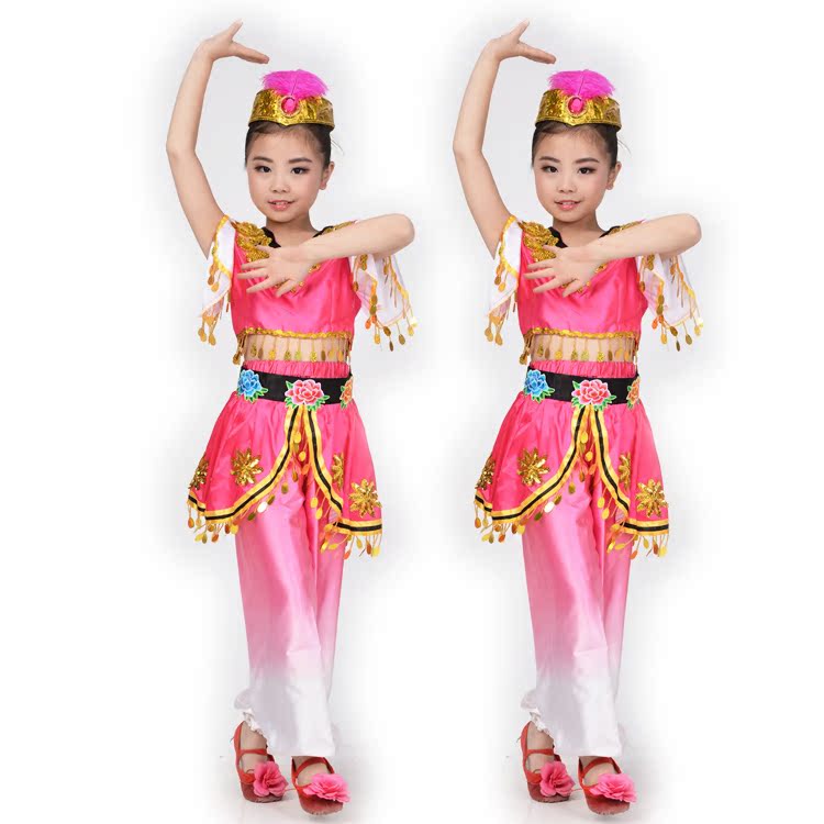 儿童表演服新疆舞女童舞蹈服 舞起幸福鼓演出服 少数民族舞蹈服装折扣优惠信息