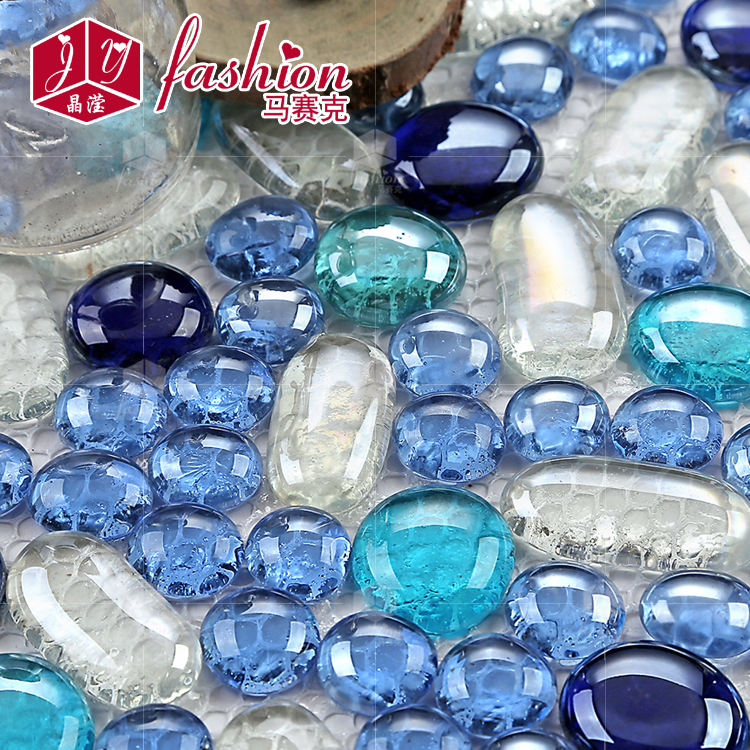 晶滢蓝色田园地中海 水晶玻璃珠圆型鹅卵石 浴室瓷砖背景墙卫生间