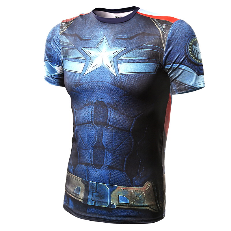 超级英雄蜘蛛蝙蝠侠美国队长超人紧身衣男士运动修身短袖健身T恤