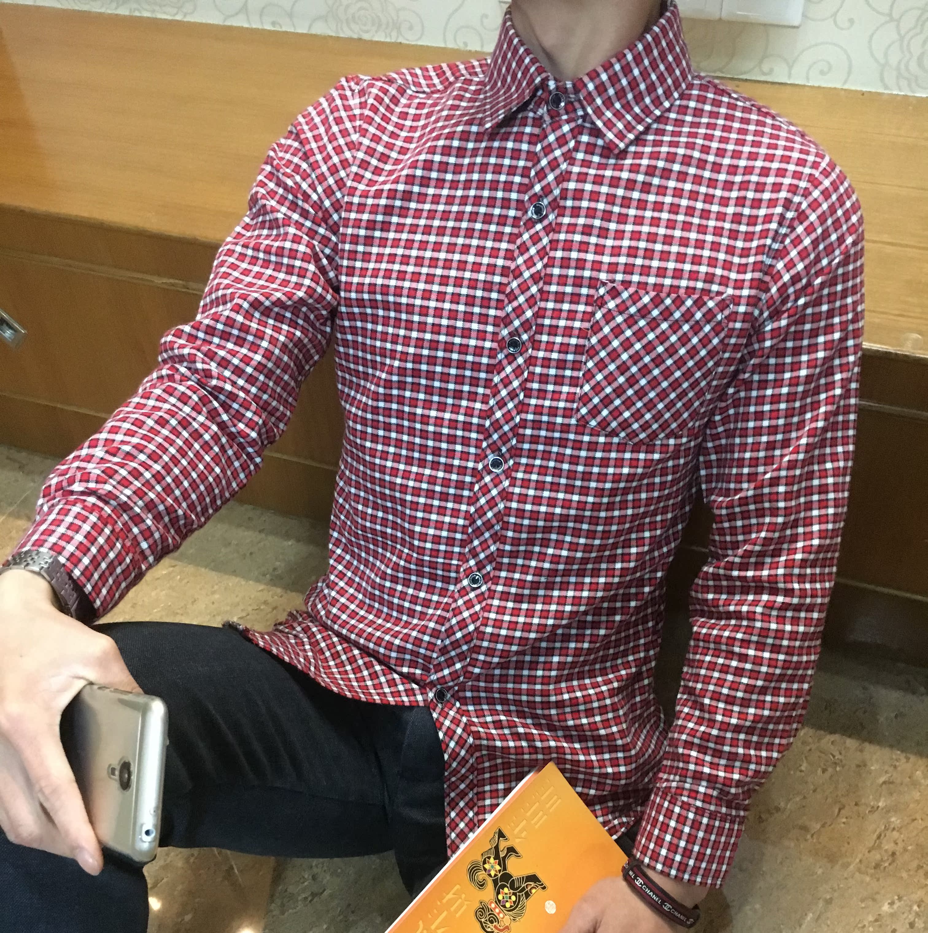 夏季韩版青少年长袖衬衣男修身型纯棉格子衬衫学生薄款潮寸衫外套折扣优惠信息