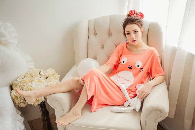 夏季新款韩版女士睡衣大码宽松家居服卡通长款短袖睡裙
