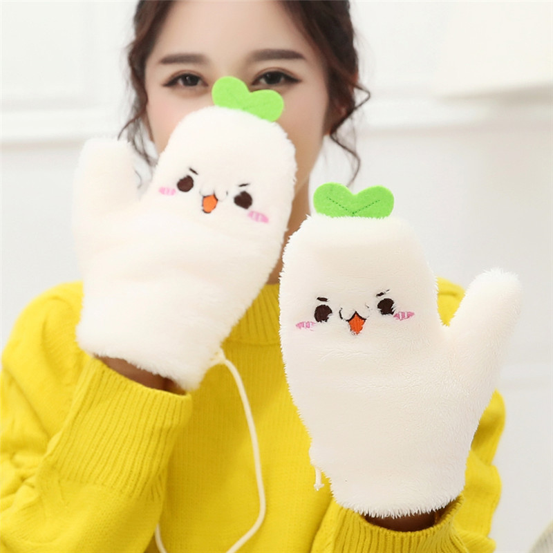 韩版可爱卡通手套学生露指棉手套女冬季加厚加绒保暖半指连指手套折扣优惠信息