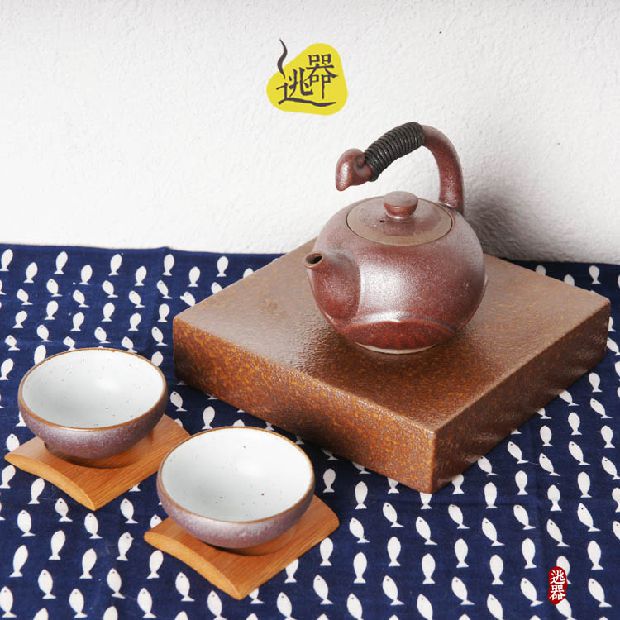 逃器家 手工粗陶茶具套装 功夫茶具一壶二杯 石纹釉茶壶茶杯品杯