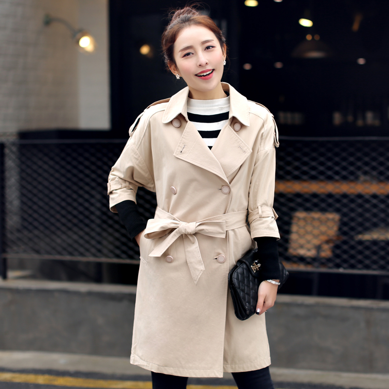 2016秋季新款女装 韩版中长款大码时尚外套 休闲米色风衣TZM7720