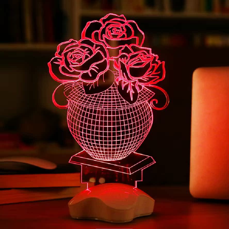 【情人节礼物】透明亚克力3D立体夜光发光板盆栽玫瑰（红光套装）