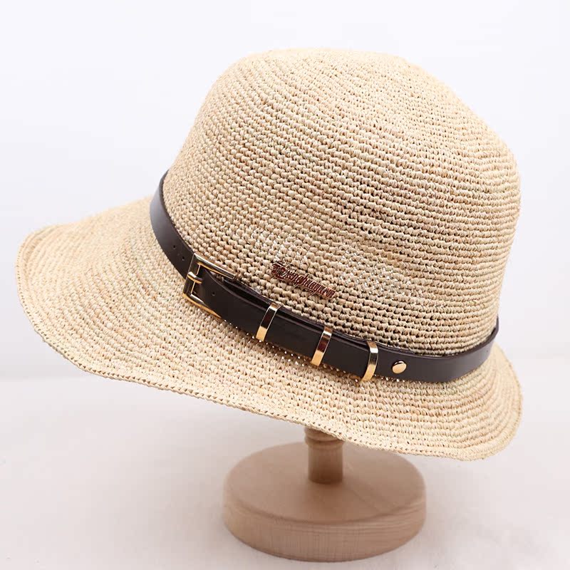 日系帽子女夏季皮带扣不规则帽边拉菲草帽细草编马术帽