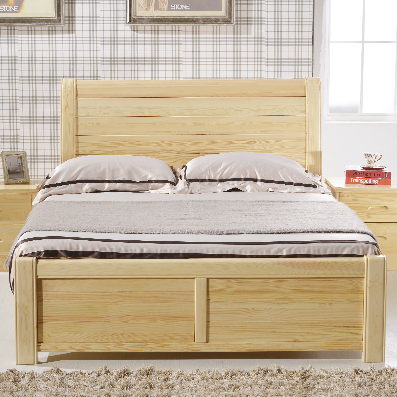 现代简约全松木床儿童1.5m1.8米 实木床气压高箱储物双人床 婚床