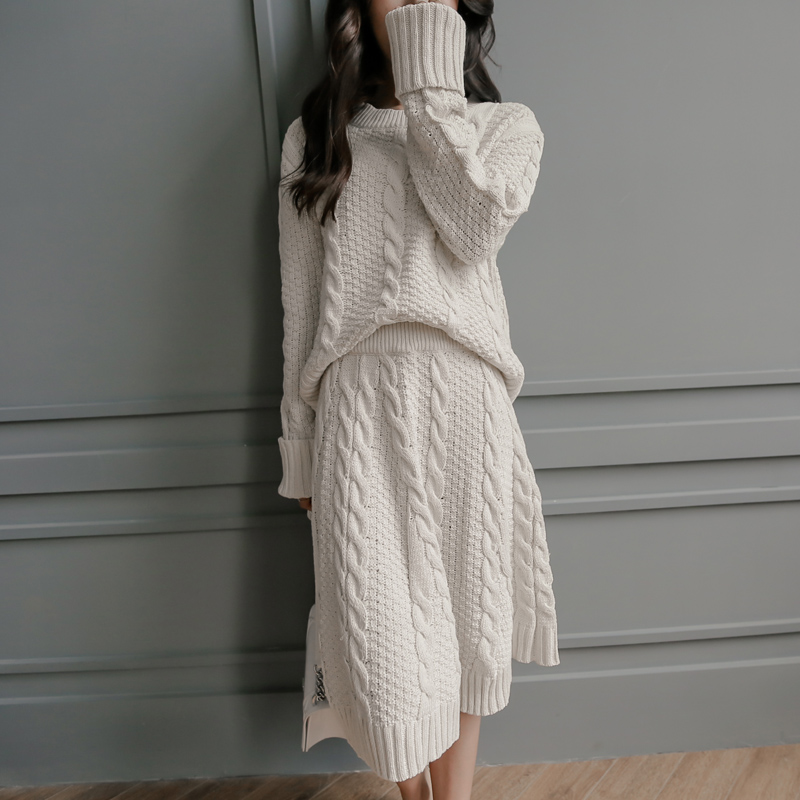2016秋冬新款韩国长袖 麻花套头毛衣裙女针织上衣+半身裙两件套装