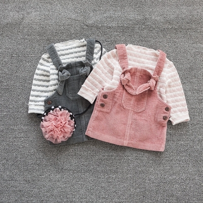 2016秋季新款女童套装1-3岁女宝宝灯芯绒长袖T恤针织背带裙两件套