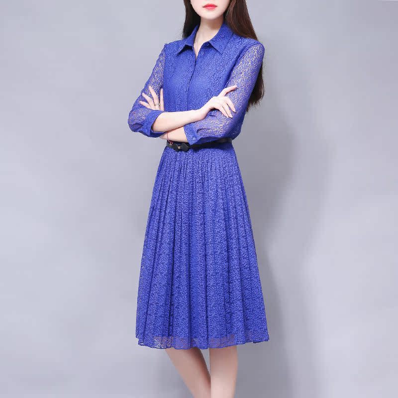 2016秋装新款韩版时尚长袖衬衫领修身显瘦中长款A字蕾丝连衣裙女