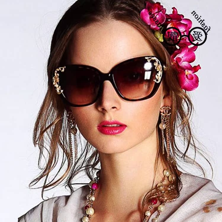 包邮欧美时尚太阳眼镜墨镜 金色玫瑰花雕花女士太阳镜欧美潮流镜