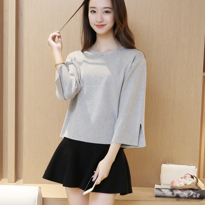 秋装新款韩版女装大码宽松圆领针织衫短款毛衣纯色显瘦打底衫外套