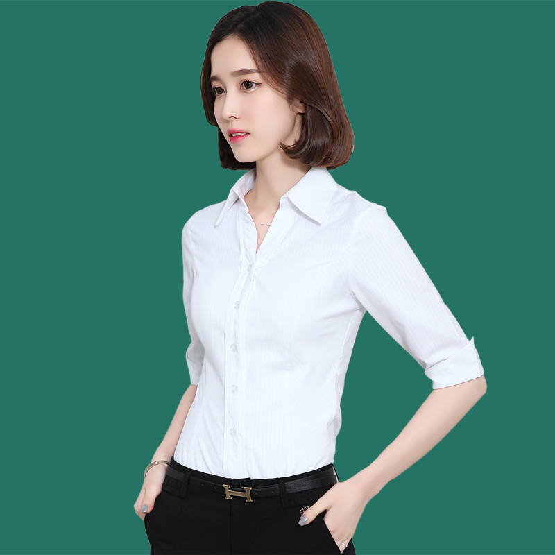 新款中袖衬衫女夏五分袖白色韩版范衬衣职业正装大码简约修身上衣折扣优惠信息