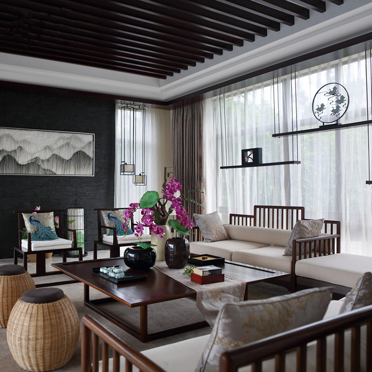 曲美新中式实木布艺三人沙发客厅中式简约会所处样板房高端家具