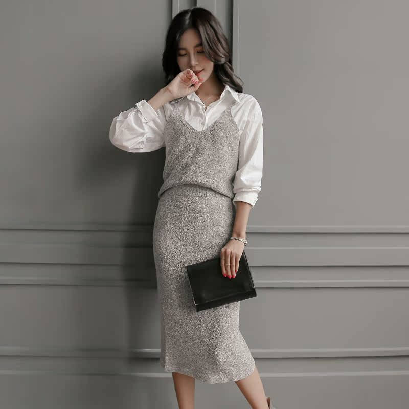 2016韩国初秋新款吊带针织背心针织衫裙开叉半身长裙毛衣两件套装