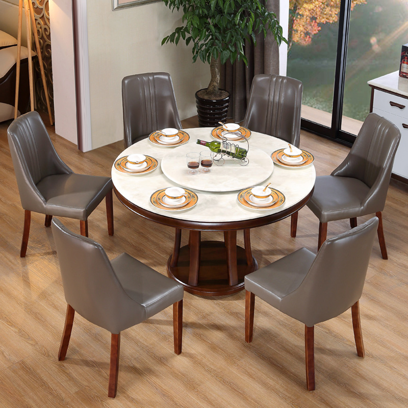 北欧全实木餐桌椅组合6人 小户型橡木圆桌7件套 圆形大理石吃饭桌
