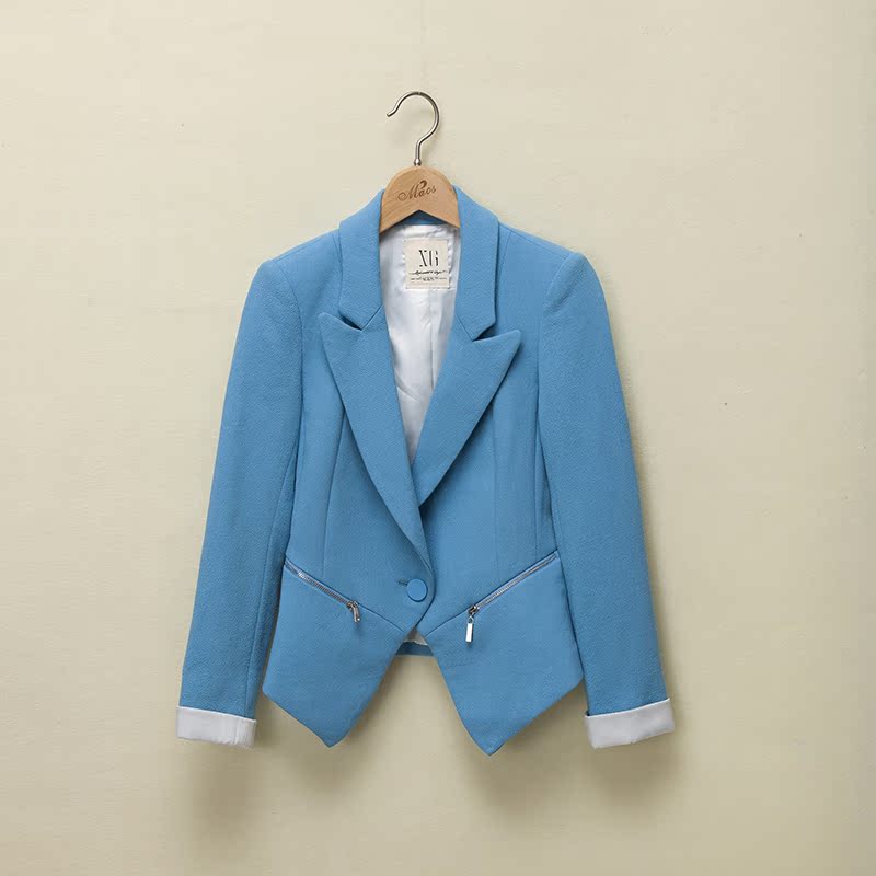 雪  欧美出口摩登时尚OL秋装简约气质蓝色100%羊毛小西装短外套