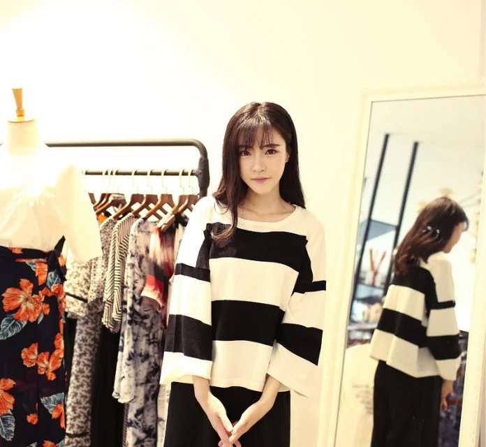 韩版针织衫女秋季新品棒针黑白条纹宽松蝙蝠袖套头针织毛衣上衣潮折扣优惠信息