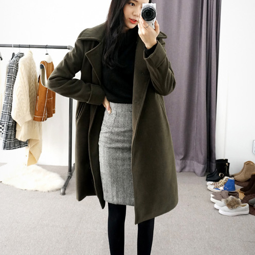 韩国原版2016秋冬新款羊毛呢外套女中长款时尚双排扣修身显瘦大衣
