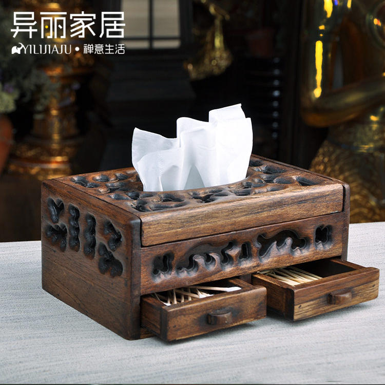 异丽创意实木纸巾盒多功能抽纸盒客厅中式餐巾纸盒复古木质纸抽盒