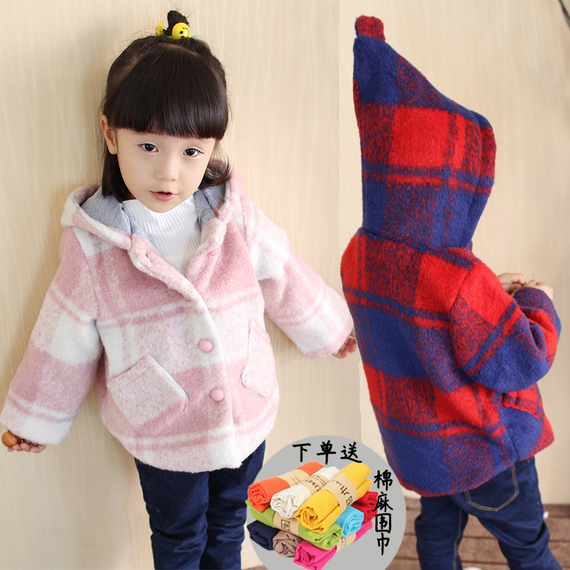 俏囡囡童装2016秋冬季韩版女童格子毛呢大衣新款1-5岁儿童呢外套
