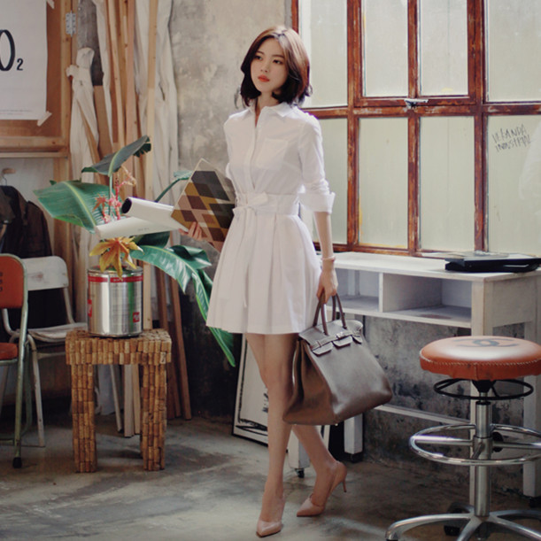 春装新款女装2016秋季韩版长袖修身白色立领衬衫连衣裙中长款女潮折扣优惠信息