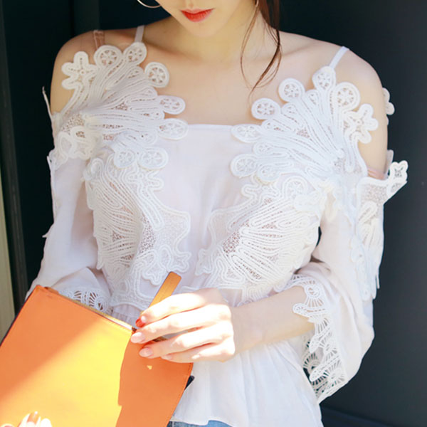 夏季新款韩版白色一字领 蕾丝小衫宽松雪纺衫短袖露肩吊带上衣女