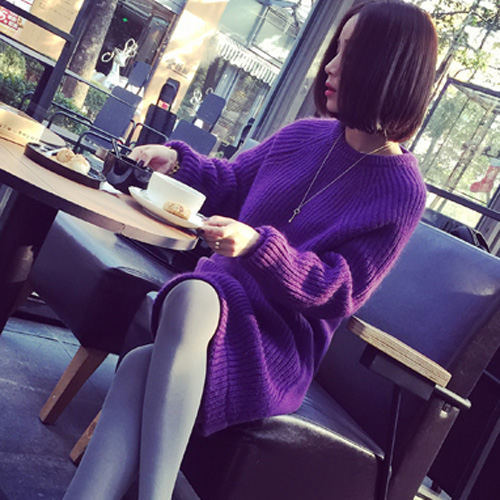 【天天特价】秋冬季圆领套头宽松显瘦中长款紫色针织毛衣连衣裙女