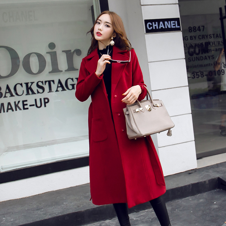 冬装女装2016新款韩版修身长袖羊绒大衣长款西装领系带毛呢外套潮