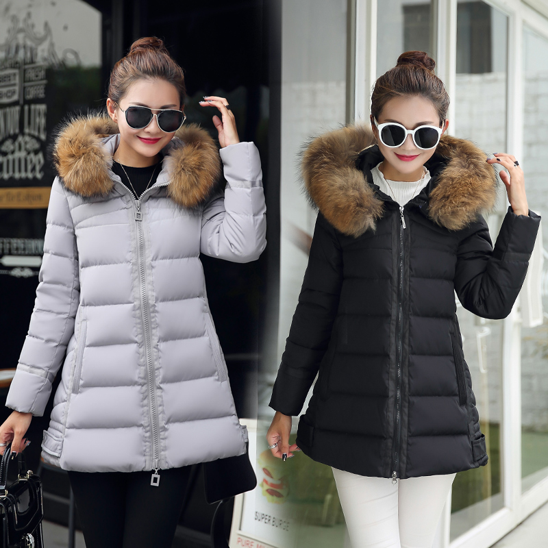 2016冬季新款时尚修身斗篷型长袖中长款毛领羽绒服女保暖外套特价