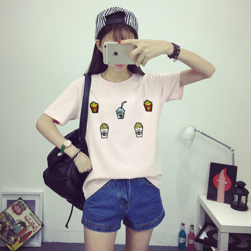 短袖体恤女夏装韩版新款绣花薯条搞怪女T恤上衣宽松学生打底小衫