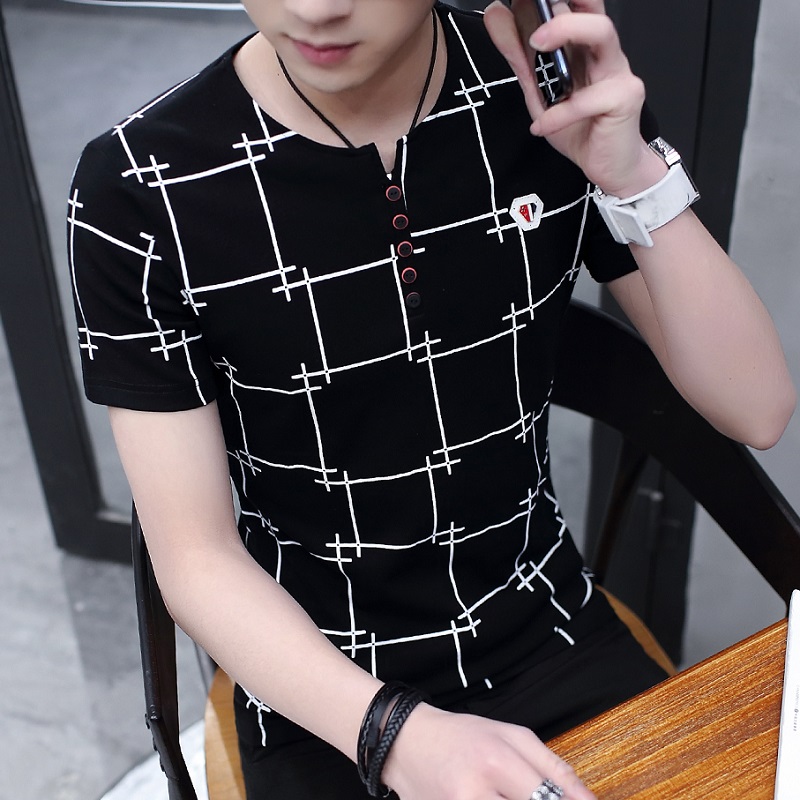 格子男士短袖T恤 韩版休闲印花体恤个性青少年圆领潮流男装上衣服