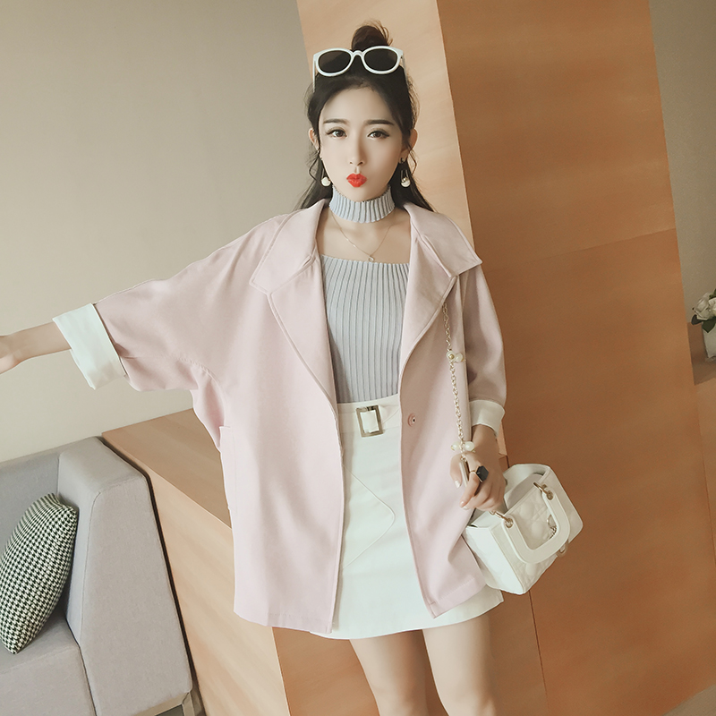 2016秋季新款女装韩版大翻领蝙蝠袖粉色薄款风衣女中长款宽松外套