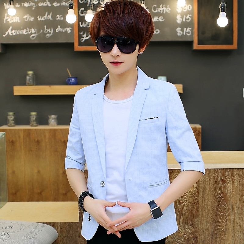 男士夏季韩版中袖小西装青少年西服七分袖学生修身纯色单西外套潮