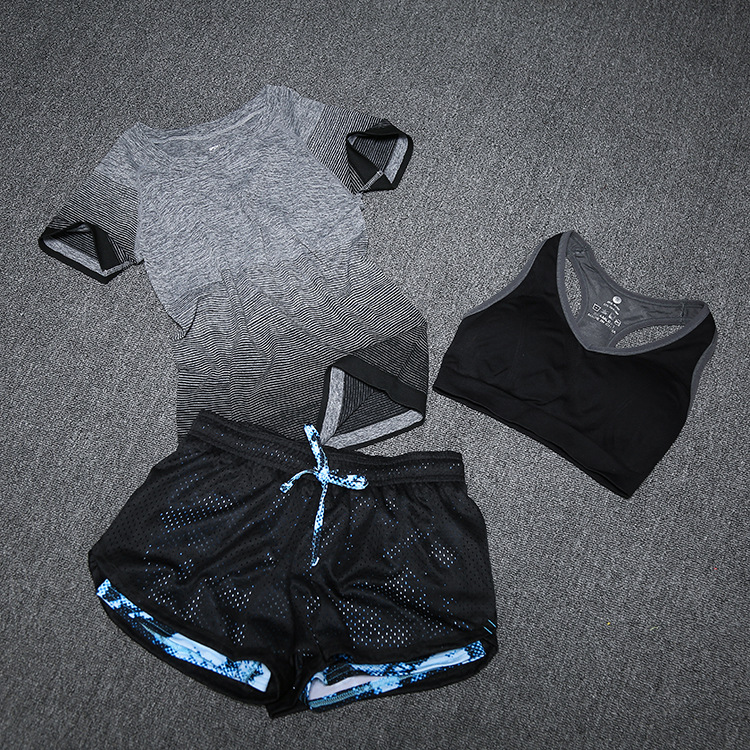 韩版短袖防震文胸假两件短裤夏季健身房瑜伽服跑步运动三件套装女折扣优惠信息