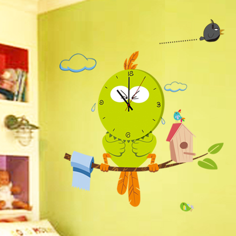 卡通赶集鸟儿童房幼儿园教室背景墙面卡通时钟墙贴自粘可移除贴纸