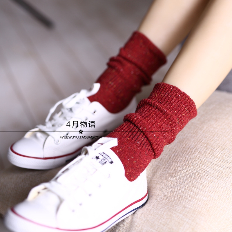 秋冬袜子日系棉毛混点子纱女袜 复古双针堆堆袜中筒红色本命年袜