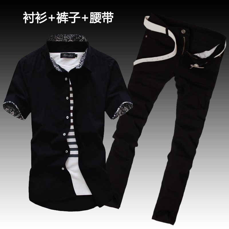夏季男式韩版短袖牛仔衬衫长裤子一套装休闲潮流寸衫衬衣外三件套折扣优惠信息