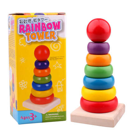 积木制质婴幼儿童宝宝小孩益智力早教玩具七彩条纹彩虹塔套圈套柱