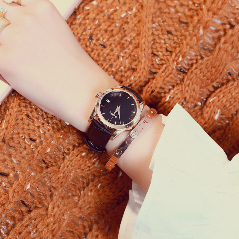 GUOU时尚潮流手表女学生韩版简约防水石英表休闲复古皮带女士手表