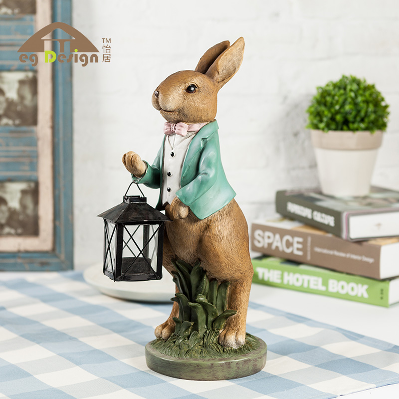田园风树脂兔 美式乡村家居工艺饰品 创意树脂兔子站草地提灯摆件折扣优惠信息