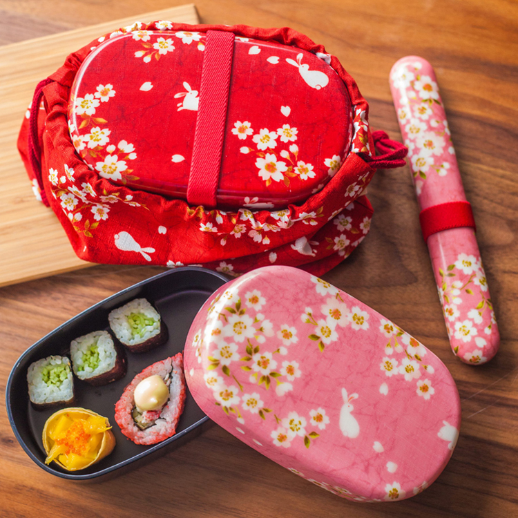 现货日本进口hakoya和风樱花兔子双层饭盒便当盒学生饭盒两色入