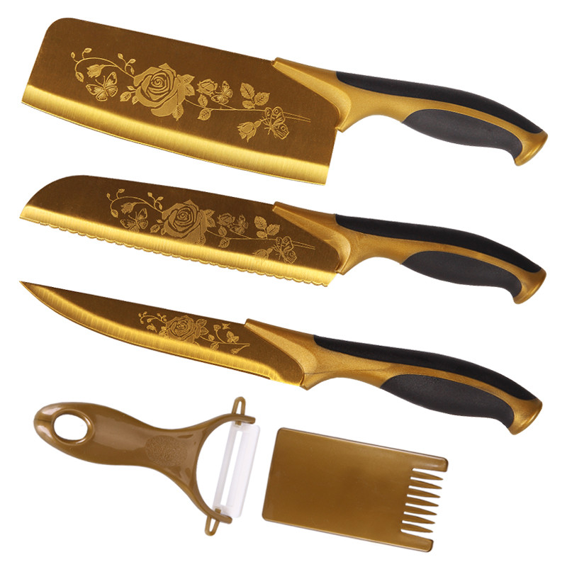 金色印花全套不锈钢家用厨房菜刀刀具五件套不锈钢刀具套装切片刀