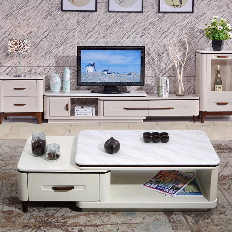 现代简约小户型客厅1米茶几+电视柜组合套装伸缩2.8M大理石实木柜折扣优惠信息