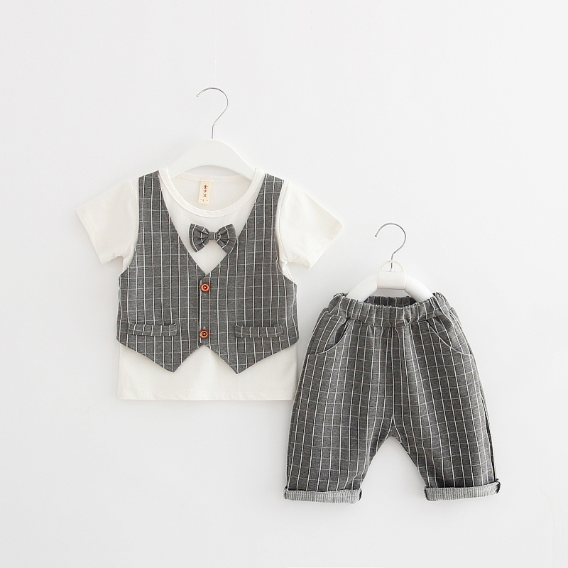 韩版男女儿童小绅士格子短袖套装夏季01234岁宝宝休闲两件套童装折扣优惠信息
