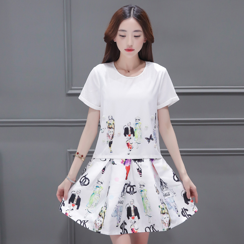 套装裙2016夏季新款韩版宽松显瘦短袖印花上衣百褶半身裙两件套潮