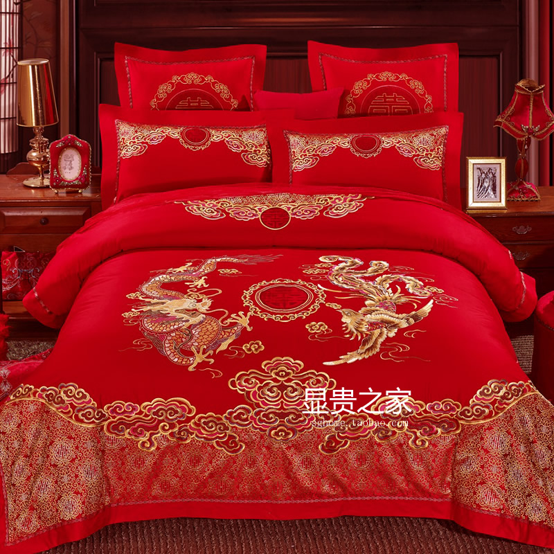 纯棉婚庆床上用品刺绣大红四件套中式古典床单被套1.8m床品包邮